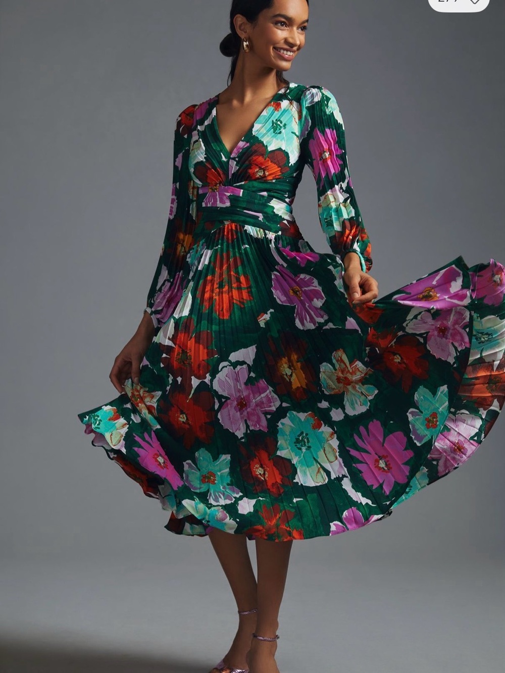 Anthropologie Dark Green Floral Pleated Midi Dress - Picture 4 of 4